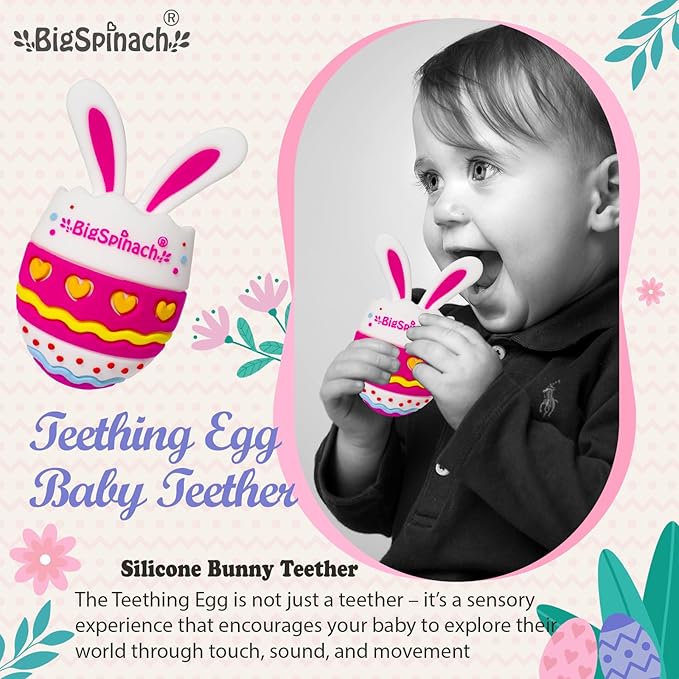 BIGSPINACH Easter Egg Baby Teether,Baby Teething Toy for Pain Relief,Silicone Bunny Rabbit Teether,Easter Gift for Babies,Sensory Toy for Boys & Girl (Rose Pink)
