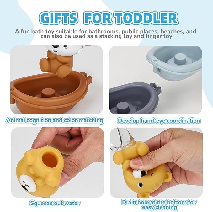 Bath Toys Float Boats for Kids Ages 18M+,Stackable Floaty Boat,Animal Finger Puppets,Toddler Toys Gifts for 2-4 Year Old Baby Gifts Valentines Easter Basket