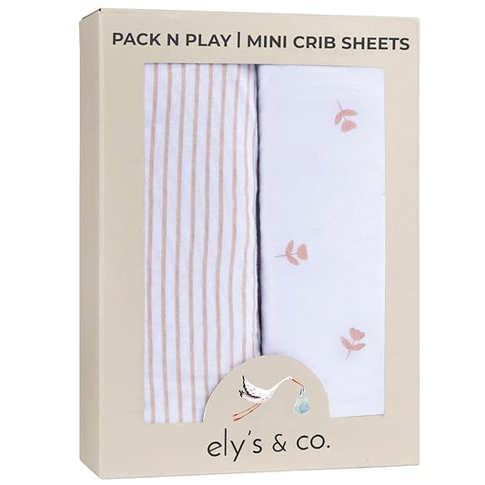 Ely’s & Co. Pack and Play Sheets, for Mini/Portable Crib, 2 Pack Fitted Playpen Play Yard Sheet Set Compatible with Graco Pack n Play, for Baby Girls, 100% Cotton, Pink Tulips and Stripes, 38”x24”x5”
