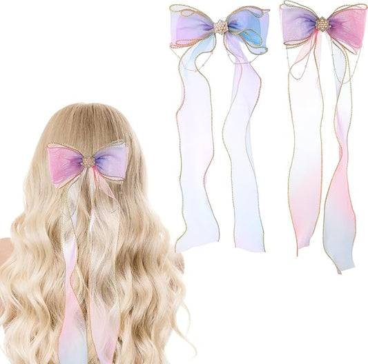 Qianyu 2 PCS Hair Bows for Girls Colorful Little Princess Lace Mesh Hair Clips Extended Ribbon Can Braid Summer Rainbow Bows Alligator Clips for Toddlers Baby Girls Kids Teens (Purple+Blue)
