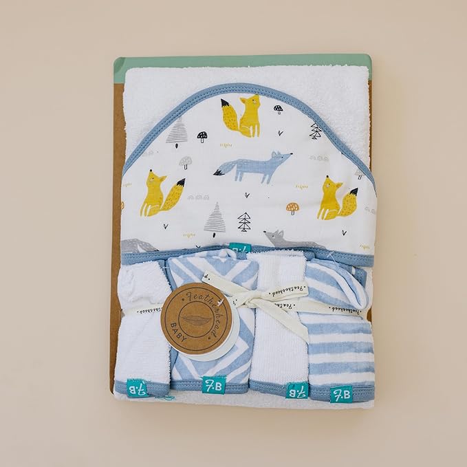 Featherhead™ 5-Piece 100% Cotton Muslin Hooded Bath Towel & Washcloths Set for Baby Boy - Ultra Soft and Extra Absorbent - Newborn Essential & Perfect Baby Registry Gift (Blue Foxes)