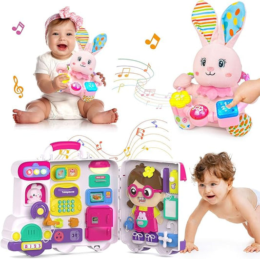 Toddler Toys for 1-2 Year Old Girl ,Montessori Bilingual Musical Busy Car Board,Baby Stuffed Animals Toys for Toddlers 1-3,Motor Skills Learning Toy 12-18 Month,Birthday Gift for 1+ Year Old Boy Girl