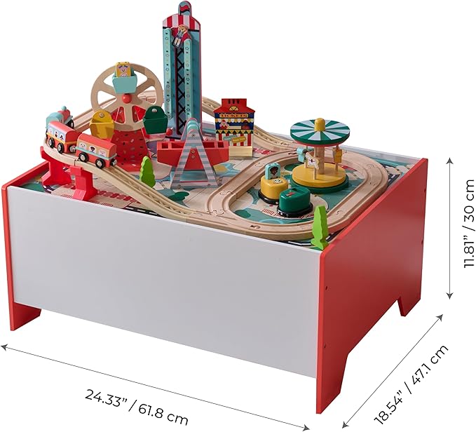 Teamson Kids Wooden Train Table – Carnival-Themed Amusement Park Playset with Ferris Wheel, Carousel & Train Track – Interactive Toy for Toddlers with Storage – Ages 3+
