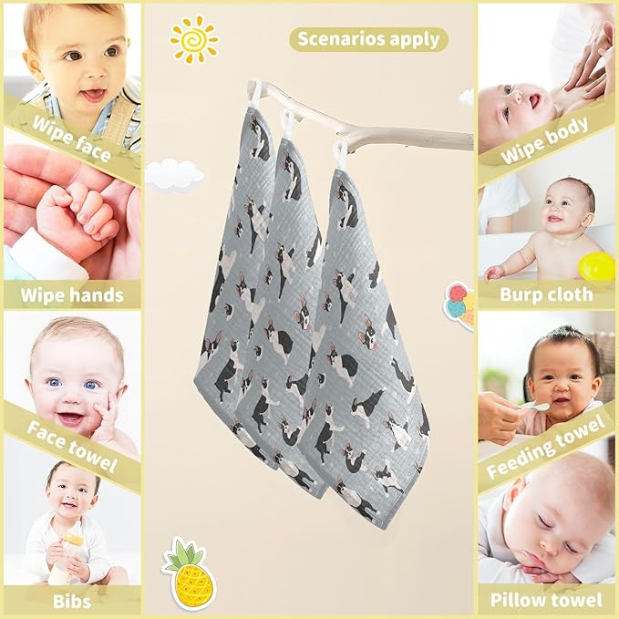 vvfelixl Boston Terrier Baby Burp Cloths Baby Muslin Washcloths for Boys Girls Cotton Baby Face Towel for Newborn Infants Soft and Absorbent 11.8 X 11.8 in, 5 Pack