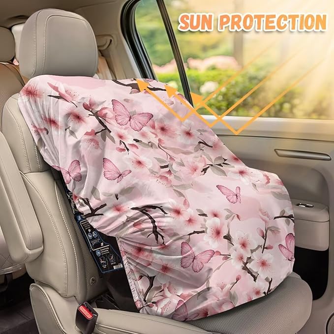 Cherry Blossom Car Seat Cover Baby Girl Car Seat Sun Shade Cover Replacement with Pink Butterfly Print, Easy Installation for Baby & Kids