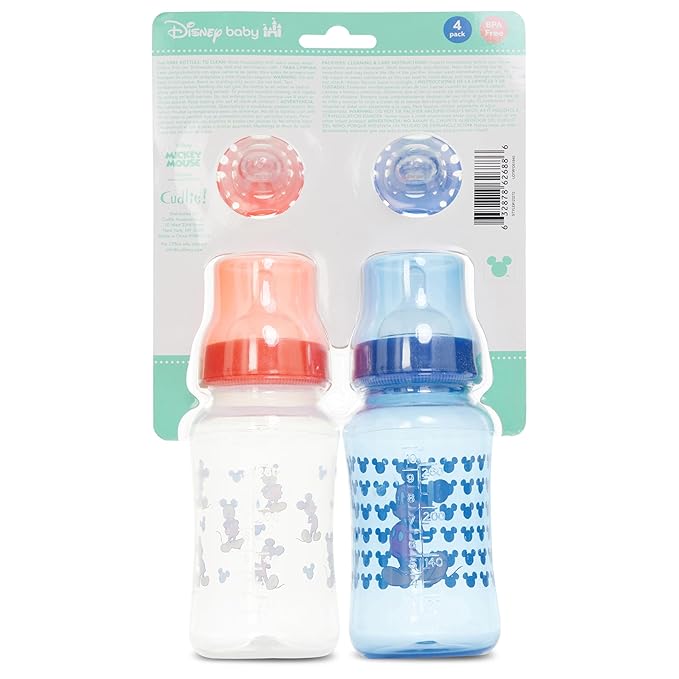 Disney Baby Bottles and Pacifiers Set – 2 Hourglass-Shaped 11oz Bottles + 2 Orthodontic Pacifiers – Officially Licensed Mickey, Minnie, Pooh & Dumbo Designs – BPA-Free Feeding Gift Set