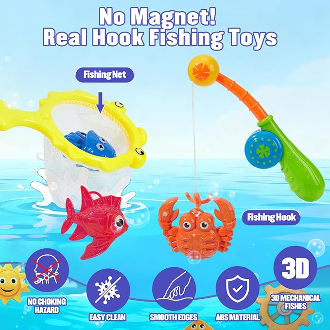 Toddler Bath Toys for Kids Ages 1-3, 22 PCS Mold Free Bath Toys Toddlers 2-4 with Fishing Toy Games, Fishing Pole Rod Net Tub Toys with Mesh Bag, Water Pool Toys for Kids Ages 1 2 3 4 5 6 8 Years Old