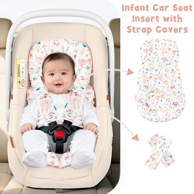 GFU Infant Car Seat Insert Head and Body Support, Reversible Newborn Insert for Carseat with Strap Pads, Soft Stroller Cushion Pillow Insert for Boys and Girls, Fits for Stroller, Swing, Pink Bow