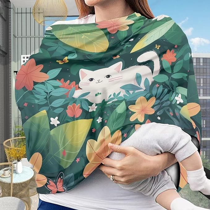 Forchrinse Hawaiian Cat Green Palm Car Seat Cover for Babies,Soft Nursing Breastfeeding Scarf Breathable Carseat Canopy for Baby Boys Girls