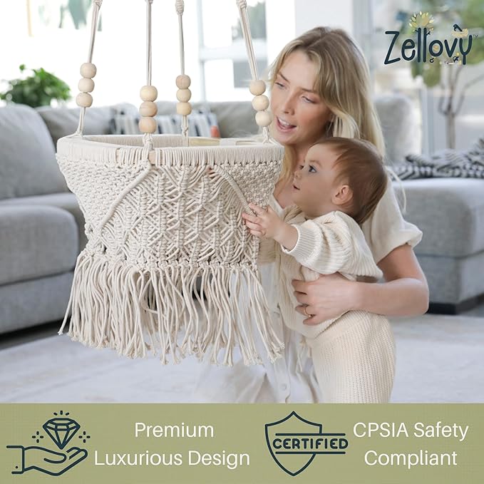 Organic Macrame Baby Swing Chair with Cushion & Portable Canvas Backpack | Boho Baby Swing Outdoor Indoor Infants & Toddler | Hanging Rope Baby Gift | Handmade Crochet Hammock Swing