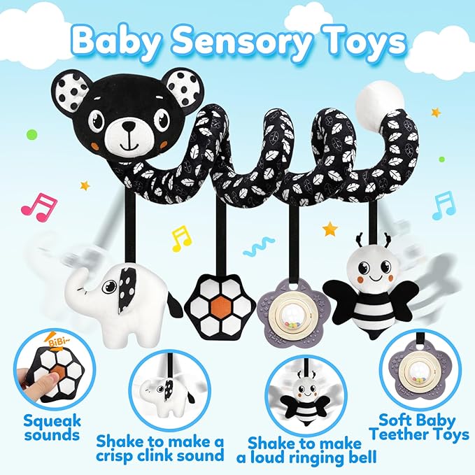 GKDOMS Baby Carseat Toy Black & White Rattle Spiral Hanging Activity Stroller Toy for Newborns Boys and Girls - Bear