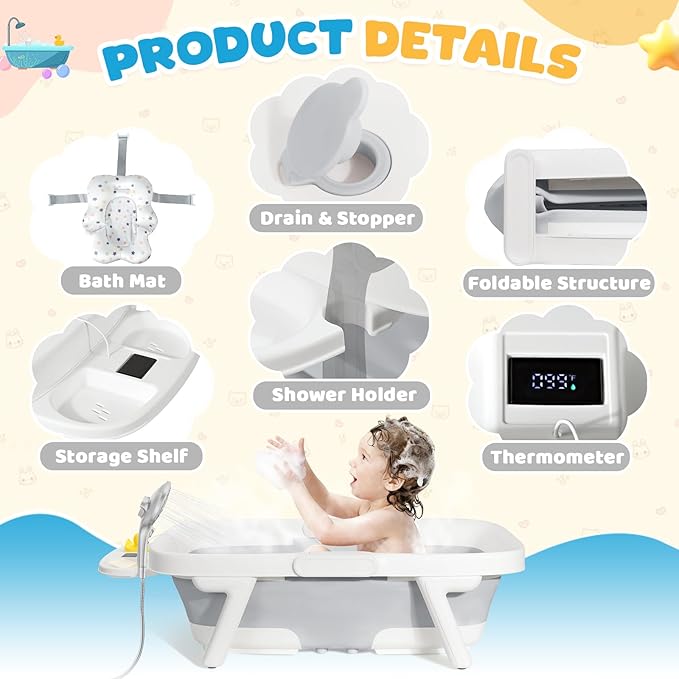 Orzbow Collapsible Baby Bathtub, Large Baby Bath Tub for Newborn with Soft Cushion & Thermometer, Travel Portable Baby Tubs for Infants to Toddler 0-36 Months, 28x16.9 inches, Gray