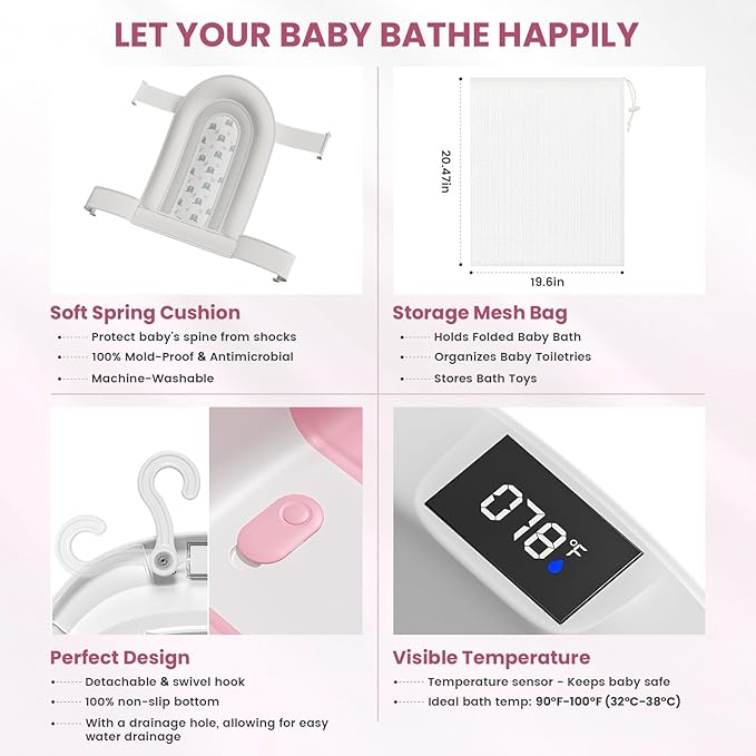 Collapsible Baby Bathtub with Soft Cushion and Thermometer, Newborn to Toddler Tub 0-36 Months with Toy Storage Mesh Bag, Portable Travel Bath for Infants (Pink)