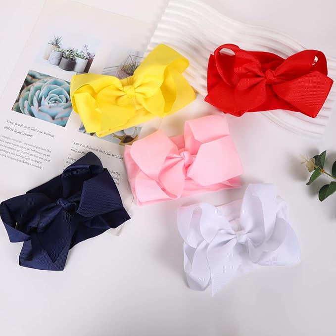 20 Pcs Baby Girls Headband With 6 inches Hair Bow, Soft Nylon Hairbands Cute Big Bow Super Elastic Headband For Baby Girls Newborn Infant Toddlers (20 Pcs Full Colors, Large)