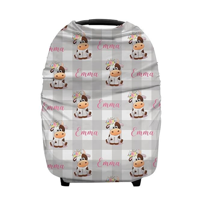 Personalized Cute Cow Baby Car Seat Covers with Name, Custom Floral Nursing Cover Breastfeeding for Babies, Carseat Canopy for Boys and Girls, Infant Stroller Cover, Breathable Carseats Cover