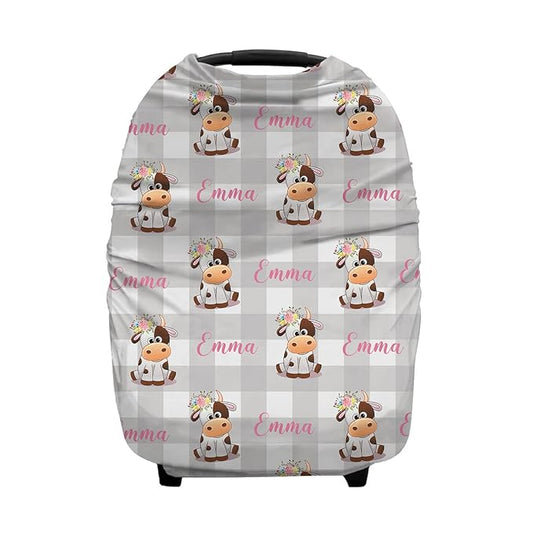 Personalized Cute Cow Baby Car Seat Covers with Name, Custom Floral Nursing Cover Breastfeeding for Babies, Carseat Canopy for Boys and Girls, Infant Stroller Cover, Breathable Carseats Cover