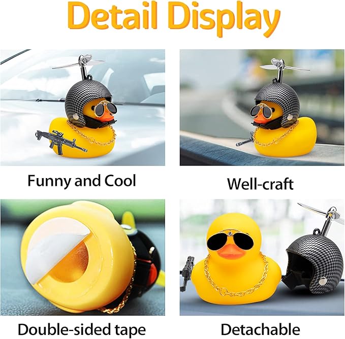 wonuu Rubber Duck Car Ornaments Cool Yellow Duck Car Dashboard Decorations Squeaky Glasses Duck with Propeller Helmet for Car ccessories Dashboard (Y-Black and White Grid)