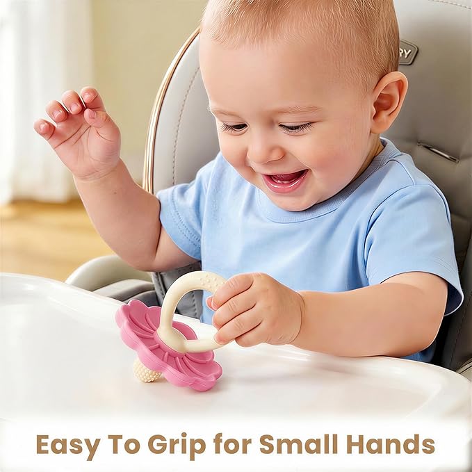Baby Silicone Flower Teether Pacifier, Nipple-Shaped End Texture for Sucking Needs, Teething Relief, Chew Sensory Toys for Babies 0-6 6-12 Months, Hands-Free Design, BPA Free, Freezable -Pink