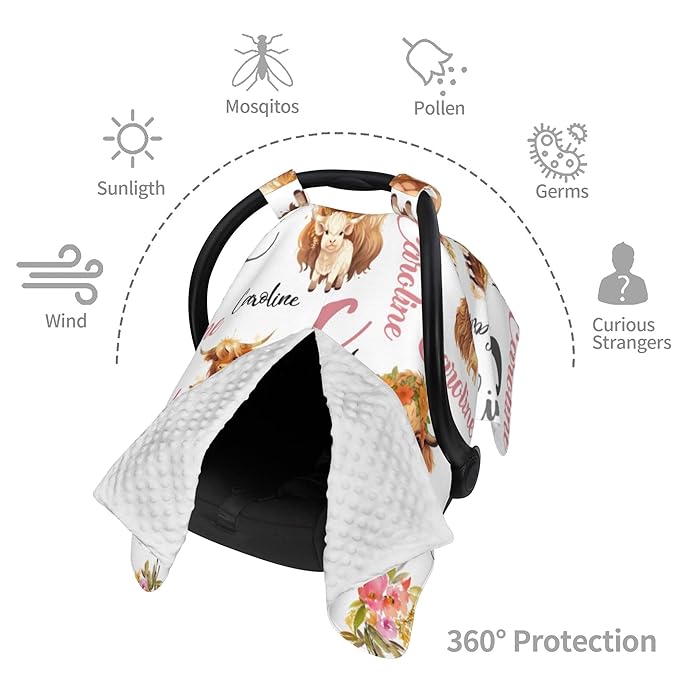Personalized Highland Cow Carseat Cover for Baby Custom Name Car Seat Canopy for Newborn Baby Boys Girls 2 in 1 Mom Nursing Breastfeeding Covers Minky Baby Carrier Stroller Covers