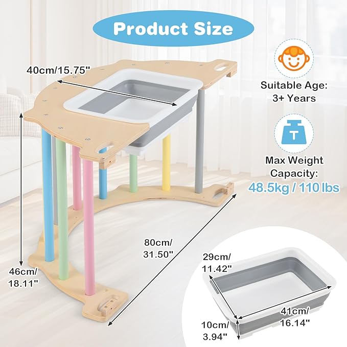 Olakids Climbing Arch for Toddlers, 4 in 1 Wooden Indoor Kids Climber Rocker Montessori Sensory Table with Foldable Storage Bin, Baby Pikler Set Gym Learning Crawling Toy for Children (Rainbow)