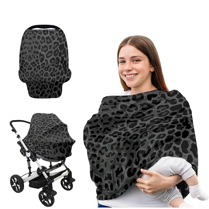 Black Baby Car Seat Cover Leopard Print Metplus Breathable Infant Carseat Cover Lightweight Baby Nursing Cover for Girls Boys Fit Spring Summer/Hot Days/Warm Weather