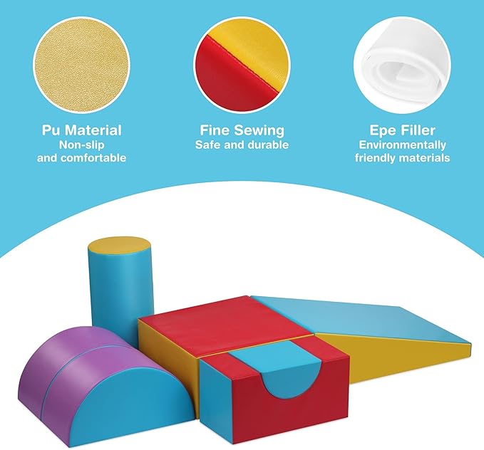 Toddler Climbing Toys Indoor, 5-Piece Foam Baby Climbing Blocks, Soft Play Climbing Set for 1-3 Years Old, Modular Crawling & Sliding Equipment, Waterproof Easy to Clean (red)