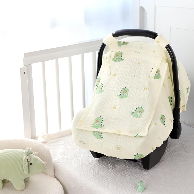 Muslin Baby Car Seat Cover for Boys Girls, Infant Carseat Canopy with Breathable Mesh Peep Window, Summer Lightweight Sunshade Carrier Cover for Newborn, Green Dinosaur