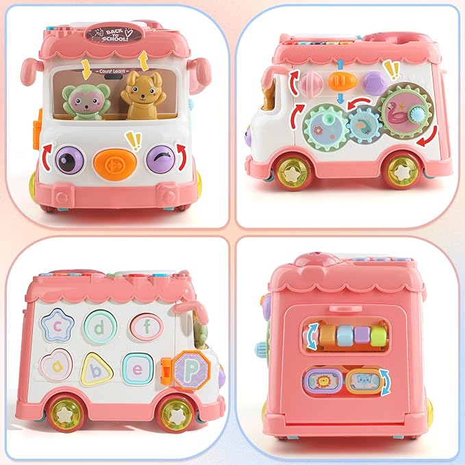 Montessori Toy for 1+ Year Old Girls, 10-in-1 Musical Learning Bus Baby Toys for 12-18 Months Present, Educational Developmental Sensory Toy, First Birthday Gifts for 1 Year Old Girl Toddlers