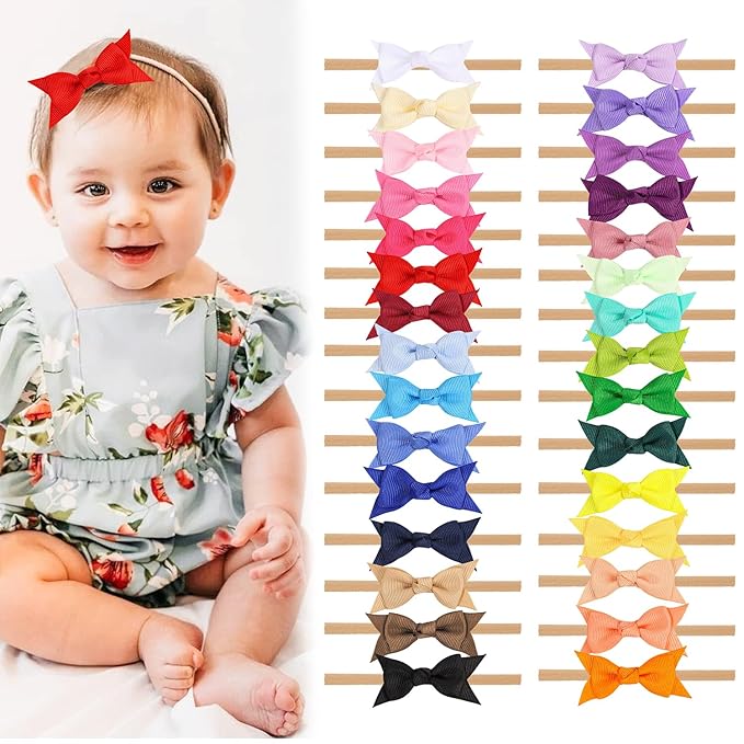 XIMA Baby Girls Hair Bows Headbands,Multi-Color Knot Grosgrain Ribbon Bows with Nylon Elastic Bands Hair Accessories for Newborn Infants Pack of 30