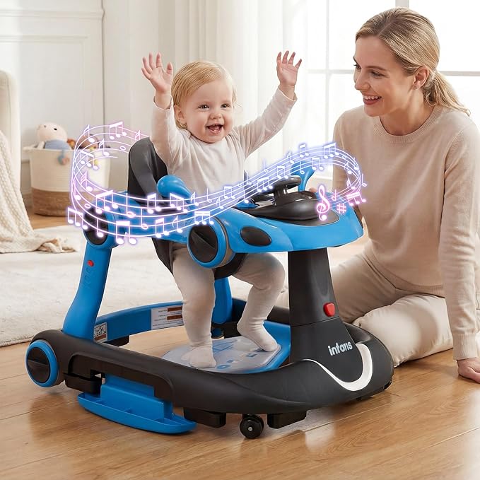 INFANS 6-in-1 Foldable Baby Walker, Converts Push Car to Bouncer, Rocker with Music, Lights, Adjustable Height & Speed, Activity Center, Canopy for 7-18 Months (Blue)