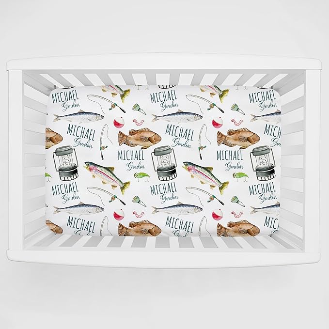 Personalized Pack and Play Sheets with Name, Custom Fishing Baby Mini Crib Sheets for Baby Boys Girls, Name Pack n Play, Fitted Sheet with Name, Soft and Breathable Material, 39x27x5 Inch