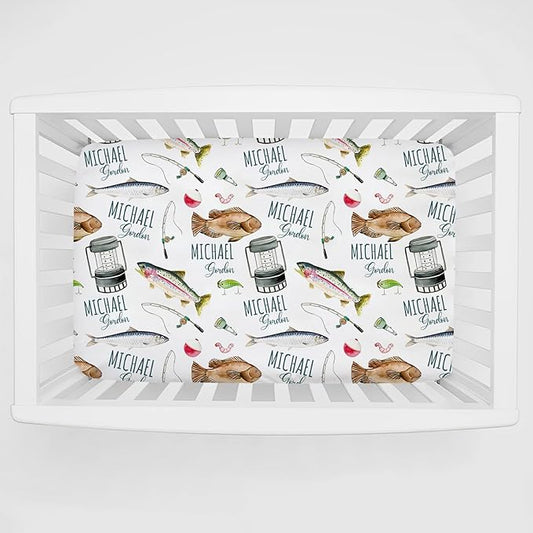 Personalized Pack and Play Sheets with Name, Custom Fishing Baby Mini Crib Sheets for Baby Boys Girls, Name Pack n Play, Fitted Sheet with Name, Soft and Breathable Material, 39x27x5 Inch