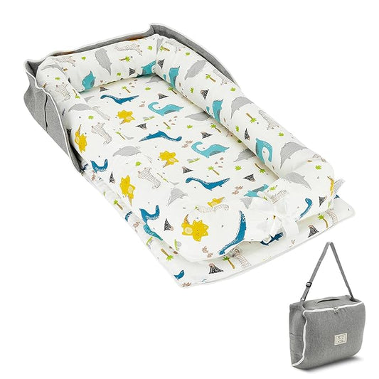 Baby Lounger for Newborn Infant - Ultra Soft Breathable Baby Nest with Ergonomic Womb-Like Design, Adjustable Bumper, Portable Travel Baby Bassinet for Sleep & Rest - Blue Dinosaur