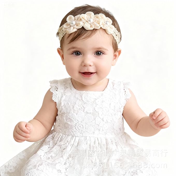 Handmade Baby Girl Headbands in Beige and Pink Lace Flowers for Newborns and Toddlers Cute Baby Girl Flowers and Newborn Headbands (Beige Pearl Flowers, One Size)