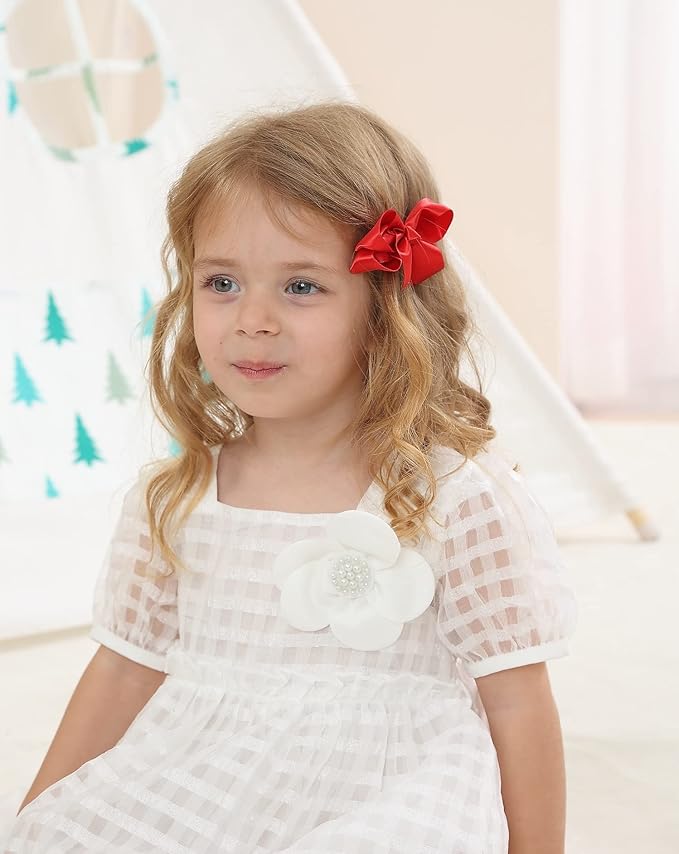 3 Inch Satin Bow for Little Girls - 2 Pcs (Red)