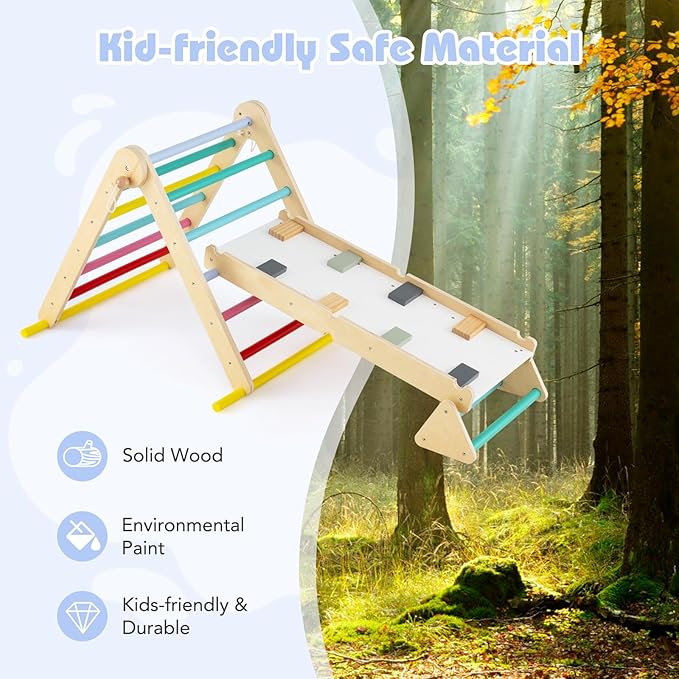 Olakids Pikler Triangle Set 7 in 1 Climbing Toys for Toddlers Foldable Baby Wood Montessori Jungle Gym with Angle Adjustable Ladder Seesaw Ramp Indoor Playground (Colorful)