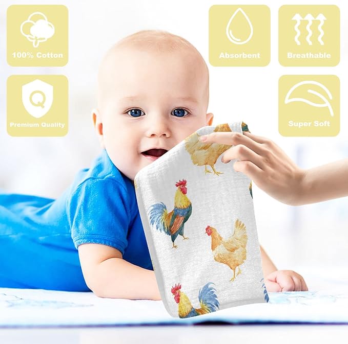 Baby Washcloths Cotton Chickens Rooster Baby Muslin Washcloths Soft Baby Face Towel for Newborn Infants Baby Wipes, 11.8 X 11.8 Inch, 5 Pack White