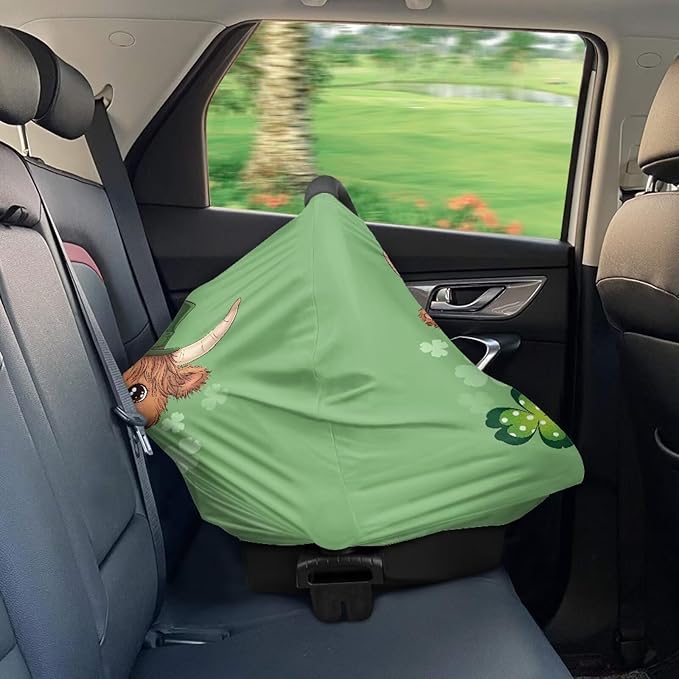 Wanyint Car Seat Cover for Boys Girls, Nursing Carseat Canopy Baby Breastfeeding Cover Multi-Use Nursing Scarf Infant Stroller Cover for Saint Patrick's Day Decor, Highland Cow Clover Green