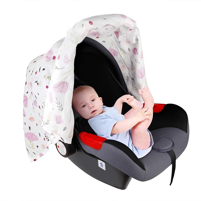 Muslin Baby Car Seat Canopy, Metplus Infant Carseat Cover - Extra Wide Universal Fit, Lightweight Breathable Soft for Babies Girls Shower Gift (Purple Flower)