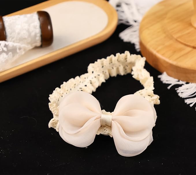 Cute Lace Bow Baby Girls Headbands Large Knot Hair Band Soft Chiffon Hairband Elastic Shower Hair Accessories for Newborn Infant Toddler Kids (Off White C, Elastic)