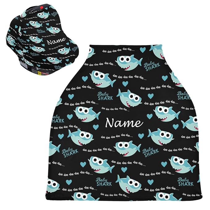 Personalized Cartoon Shark Baby Car Seat Cover for Boys Girls Newborn, Custom Baby Carseat Canopy with Name, Multiuse Nursing Covers, Infant Stroller Cover, Breastfeeding Scarf