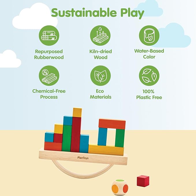 PlanToys® Balancing Cargo Game | Wooden Balance Toy for Toddlers 3Y+ | Develops Hand-Eye Coordination, Problem-Solving & Logical Thinking | Interactive Toy with 14 Blocks & Die