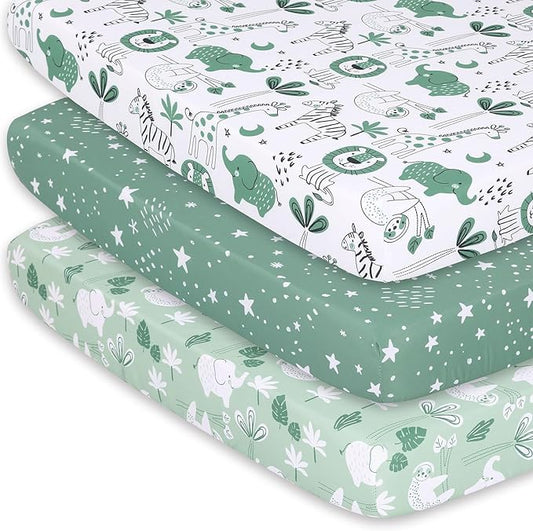 The Peanutshell 3-Pack Fitted Playard Sheets - Soft & Breathable Baby Boy or Girl Mini Crib Sheets, Pack N Play Mattress, Fits Standard Playard Pack Play Mattresses - Green Safari