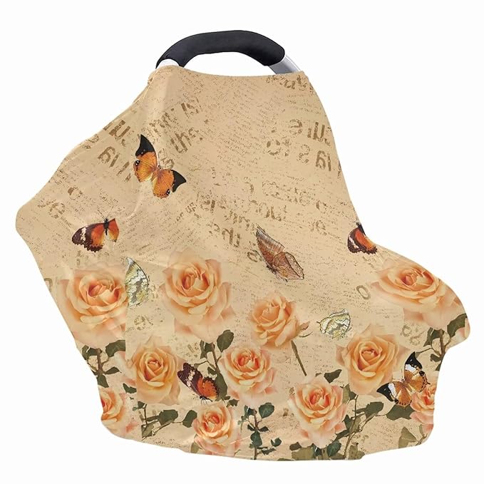Rose Butterfly Multi-Purpose Baby Car Seat Cover Dust Cover Washable Nursing Breastfeeding Covers Soft Infant Stroller Cover Sun-Proof Breastfeeding Scarf