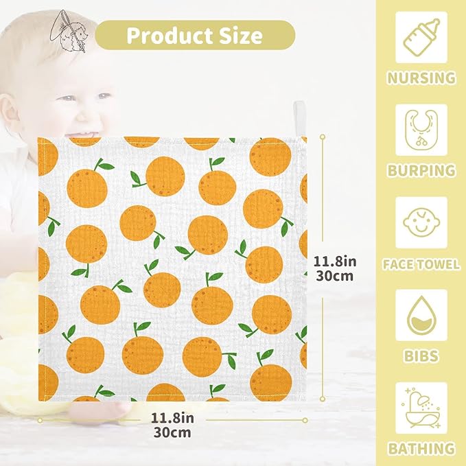vvfelixl Baby Washcloths Cotton Cartoon Oranges Baby Muslin Washcloths Soft Baby Face Towel for Newborn Infants Baby Wipes, 11.8 X 11.8 Inch, 5 Pack White