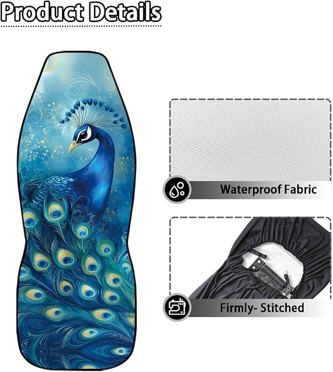 Fashion Peacock Car Seat Covers Set of 2 Waterproof Universal Vehicle Front Seats Interior Protector Easy to Install Interior Protection Suitable Fits Most Car Auto SUV Sedan Truck