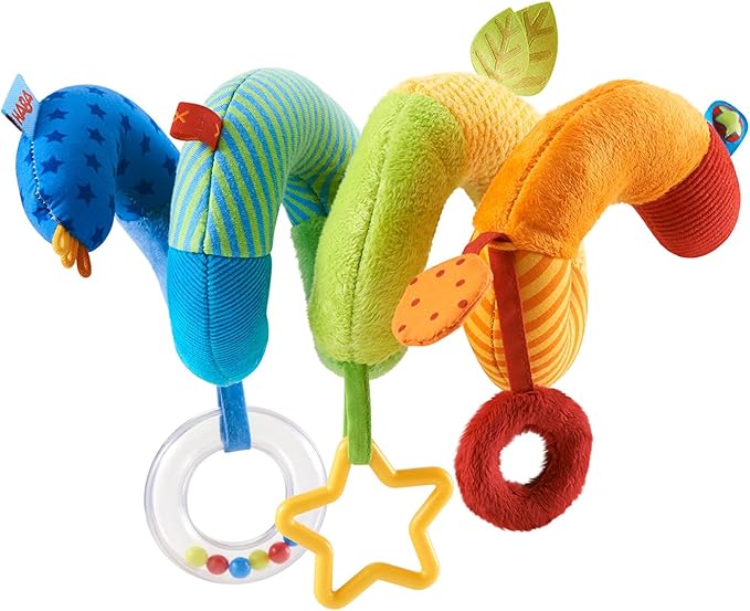 HABA Rainbow Activity Spiral Car Seat Toy and Stroller Toys for Baby 0-18 Months - Colorful Baby Travel Toy with Rattle Teething Element and Sensory Activities