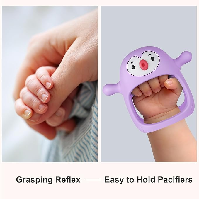 Smily Mia 2pack Penguin Teether for Babies 0-6Month, Infant Teething Toys,Pacifiers for Breastfed Babies, Silicone Teething Mittens for 3-6Months, Perfect Shower Gift+Baby Registry, Pink&Purple
