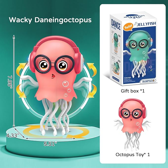 Electric Dancing Sea Creature Toy for Kids, 360° Rotating Tentacles with Music & Lights, Bump & Go Function, ABS Material, Ideal Gift for Ages 3+ (Battery Not Included) (Pink)