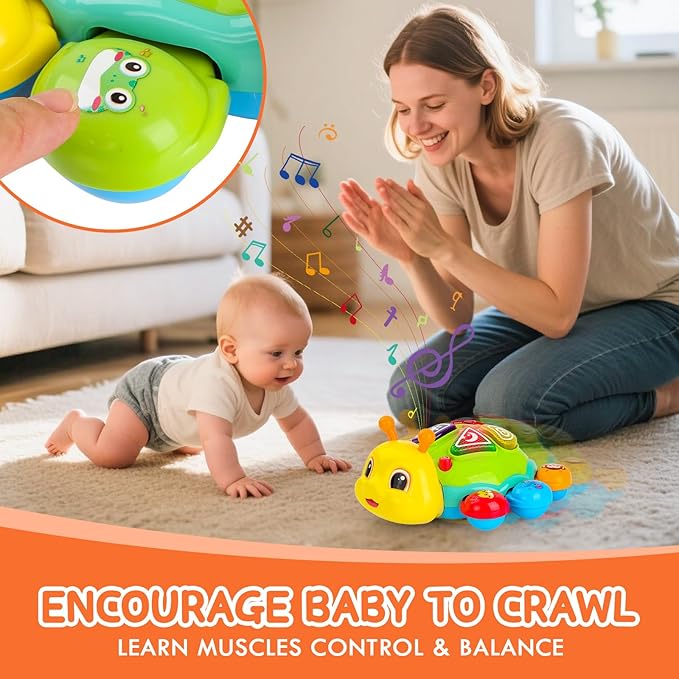 Baby Toys 6-12 Months, Crawling Musical Baby Toy with Obstacle Avoidance, Lights & Music, Interactive Tummy Time Learning Toy with Animal Sounds, English Spanish Developmental Gift for Boys & Girls